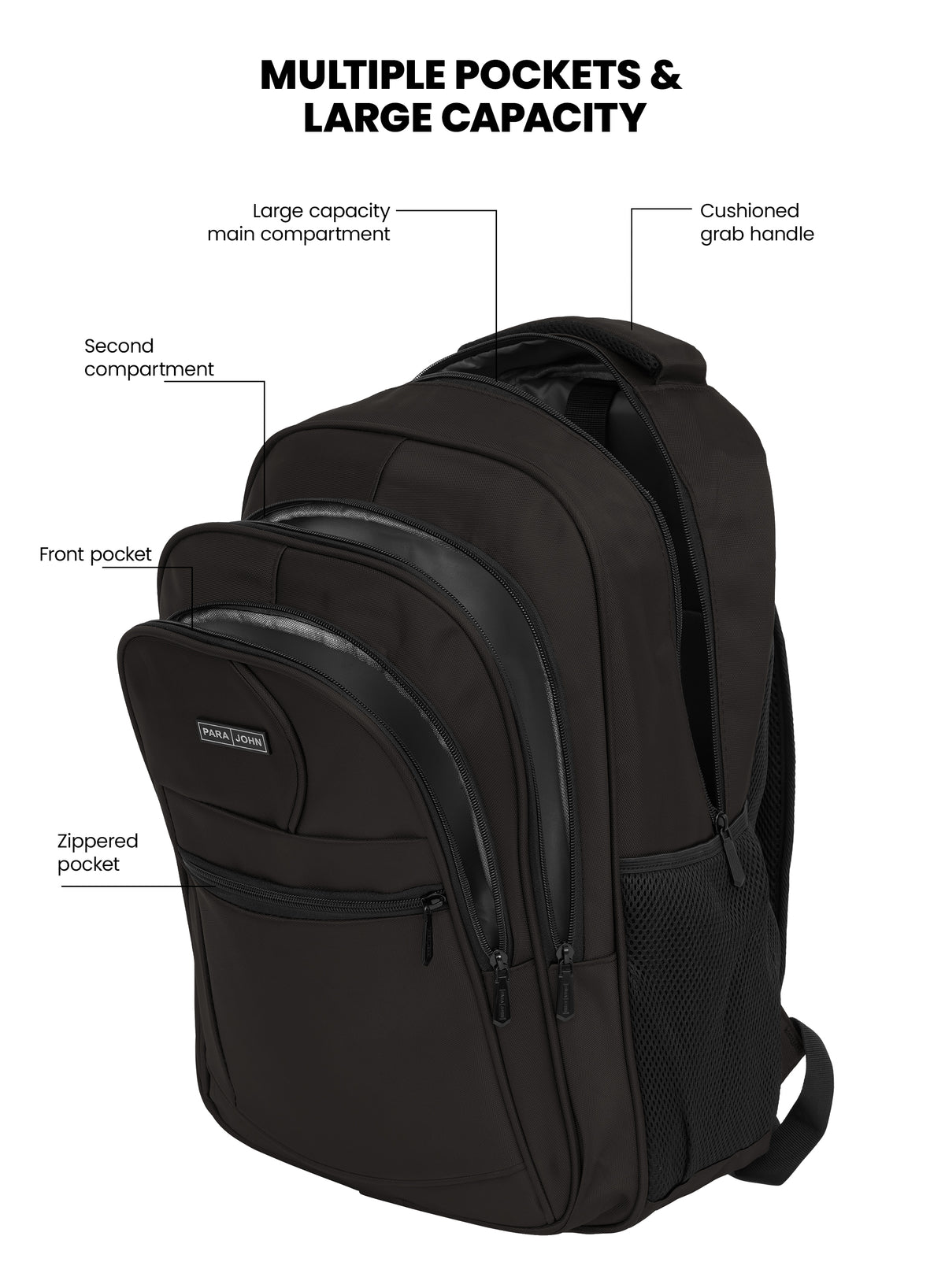 Para John  16.5-Inch Polyester Backpack with Strong Handle, Durable Zippers & Side Mesh Pockets