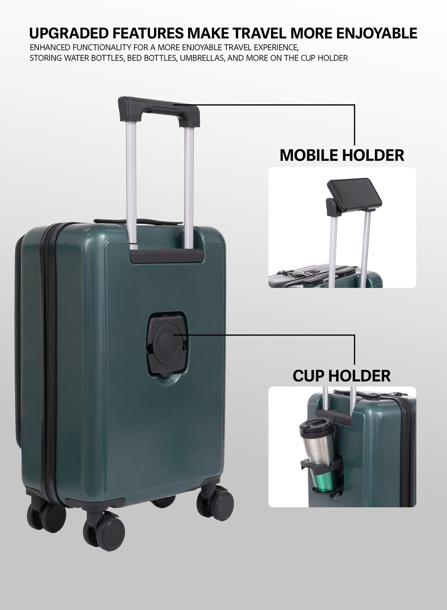 Parajohn  20-Inch ABS Cabin Luggage with Cup Holder & Mobile Holder, 8-Wheel 360° Spinner Trolley Suitcase, Lightweight Hard Shell Travel Luggage